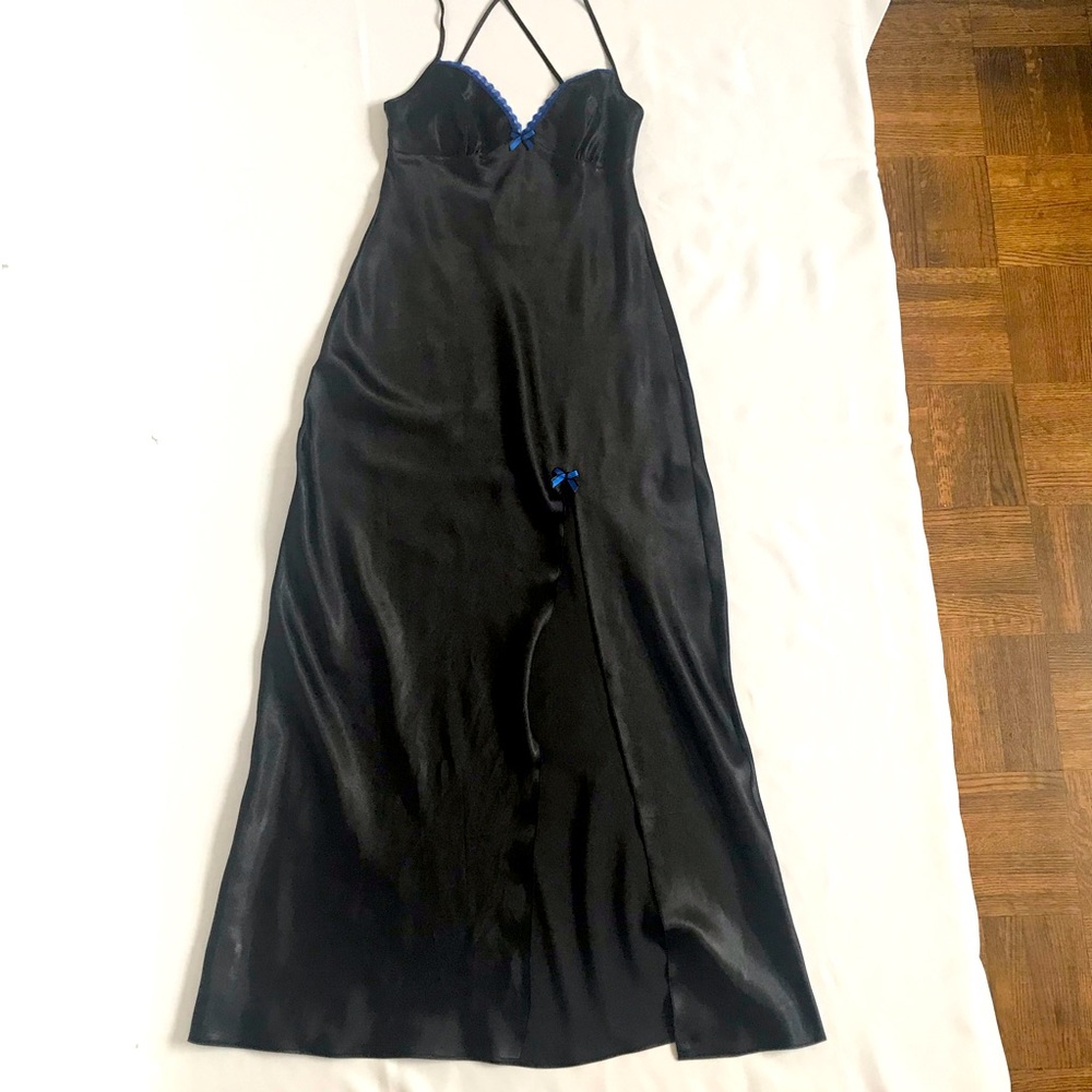 Nayomi black long slip dress with blue lace bow details size Small